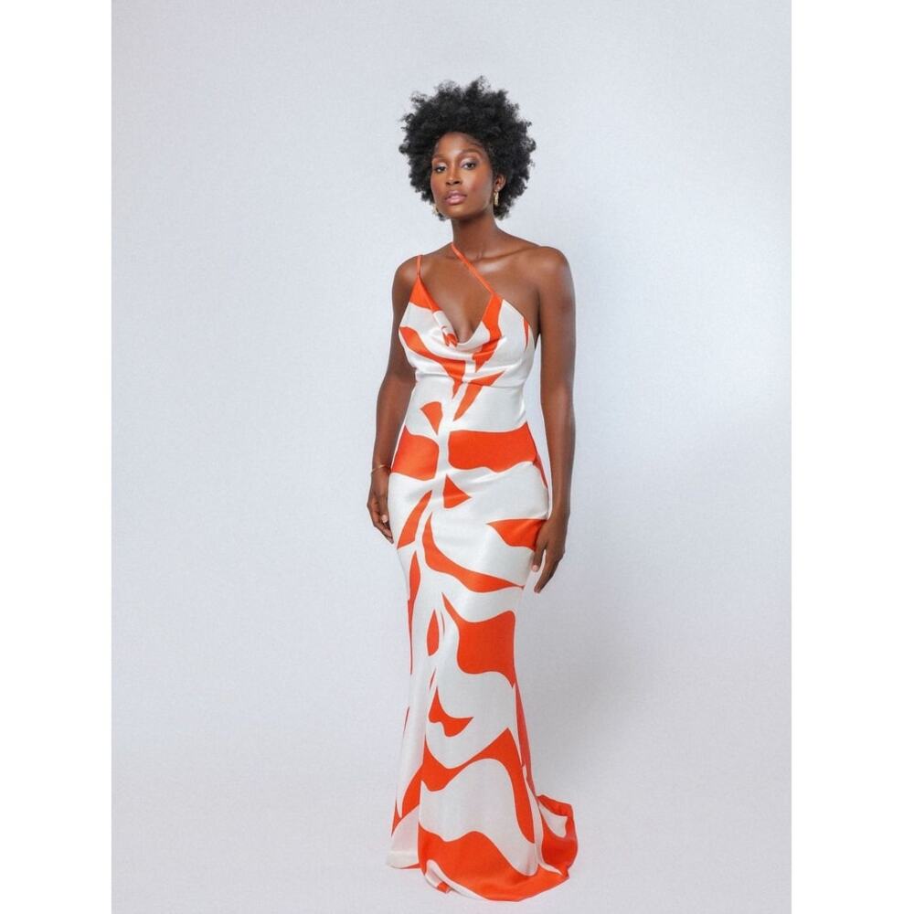 Hanifa Lola Gown Orange White Abstract Print Satin Sleeveless Maxi Dress XL NWT